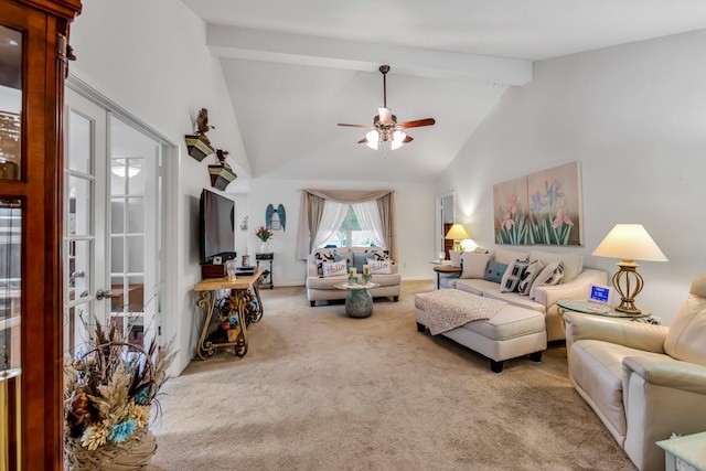 12114 Mabel Ln, Pinehurst, TX 77362 - carpeted living area with a ceiling fan, high vaulted ceiling, and beam ceiling