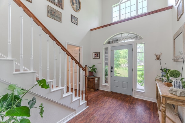 18988 Ocean Mist Ct, Montgomery, TX 77356 - foyer entrance with a high ceiling, stairs, plenty of natural light, and wood finished floors