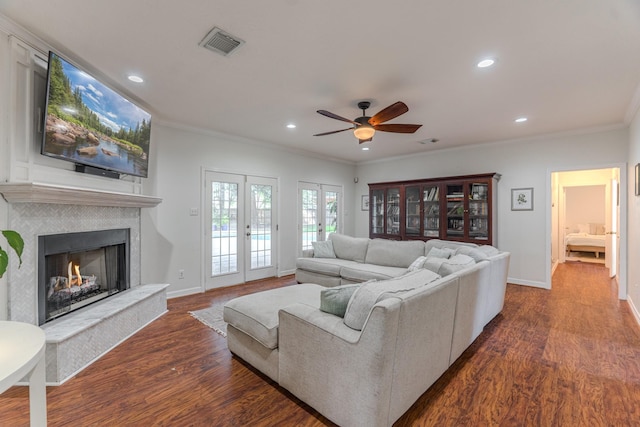 18988 Ocean Mist Ct, Montgomery, TX 77356 - living area with ornamental molding, a ceiling fan, french doors, recessed lighting, and dark wood finished floors