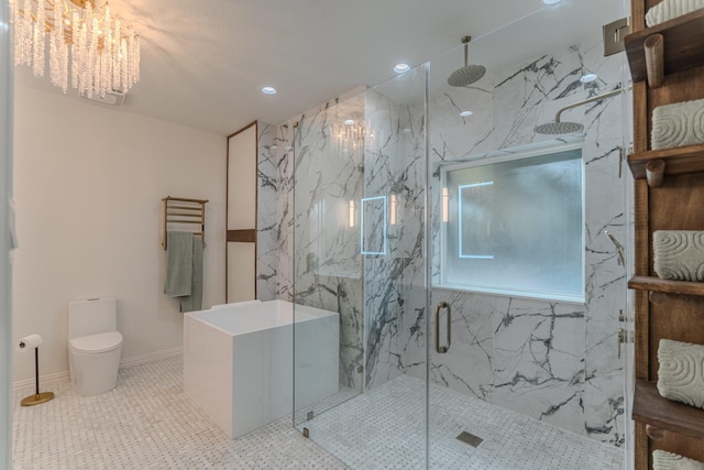 18988 Ocean Mist Ct, Montgomery, TX 77356 - full bath with a marble finish shower, a chandelier, and recessed lighting