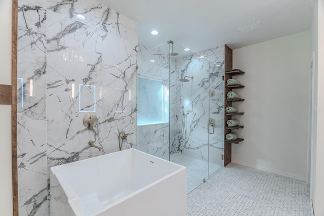 18988 Ocean Mist Ct, Montgomery, TX 77356 - full bathroom featuring a soaking tub, a marble finish shower, and recessed lighting