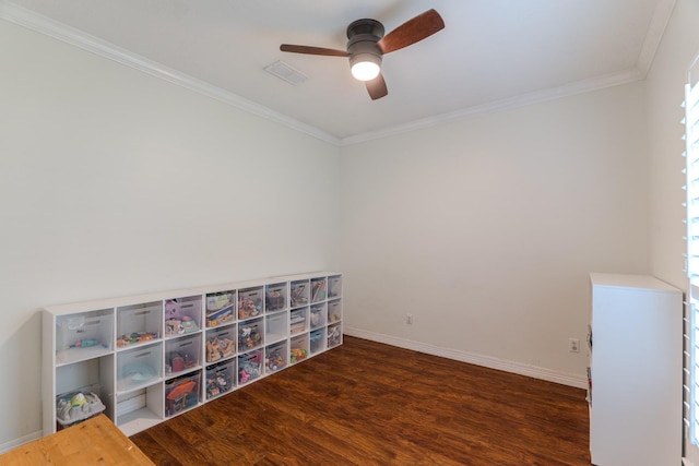 18988 Ocean Mist Ct, Montgomery, TX 77356 - empty room featuring a ceiling fan, wood finished floors, crown molding, and healthy amount of natural light