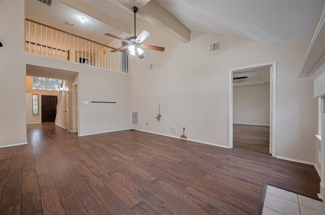 23035 Canal Rd, Richmond, TX 77406 - unfurnished living room featuring a ceiling fan, wood finished floors, beamed ceiling, and high vaulted ceiling