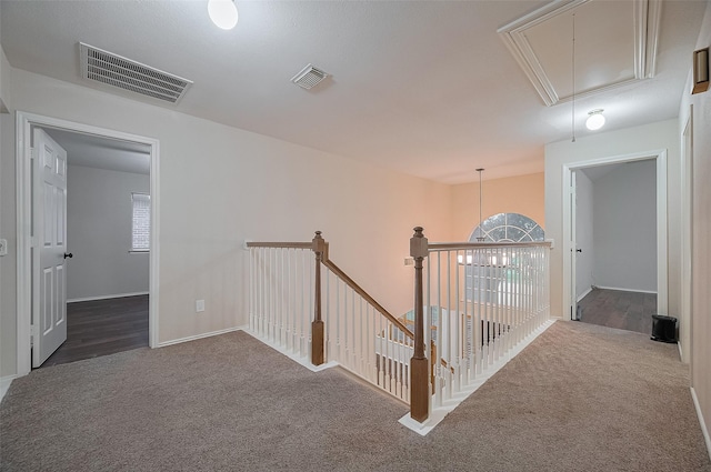 23035 Canal Rd, Richmond, TX 77406 - hall with attic access, carpet, plenty of natural light, and an upstairs landing