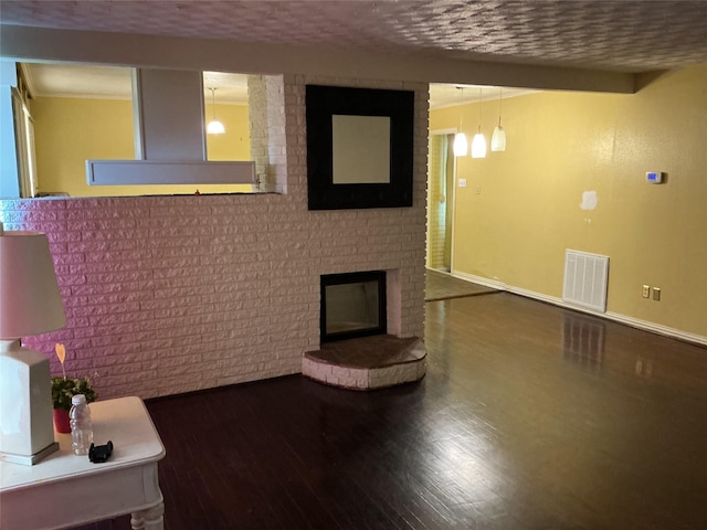 416 Fenn St, Houston, TX 77018 - unfurnished living room featuring wood finished floors and a brick fireplace