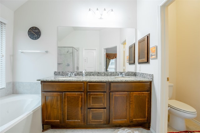 2627 Rosepoint Ct, Fresno, TX 77545 - bathroom with a stall shower, double vanity, a bath, lofted ceiling, and tile patterned flooring