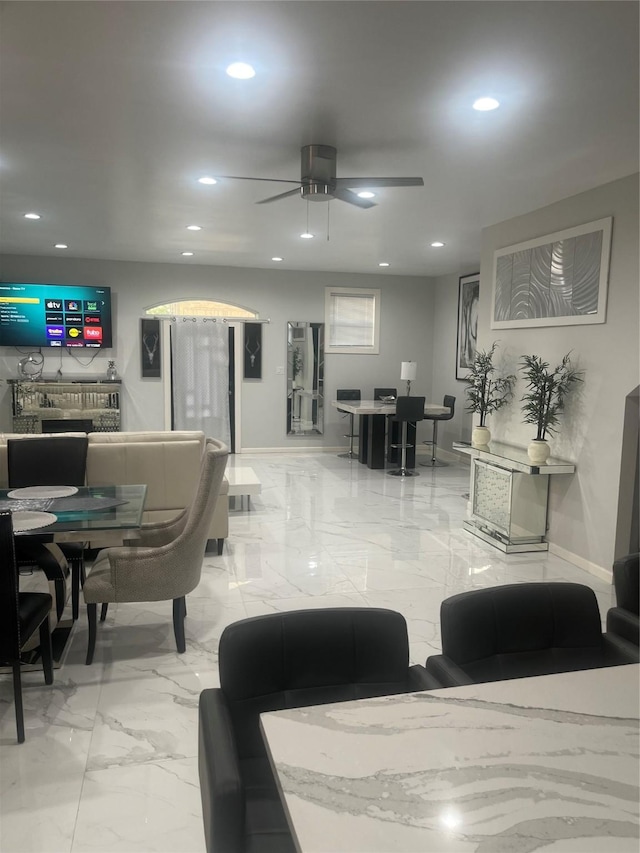 3140 Webster St, Houston, TX 77004 - living room with recessed lighting, marble finish flooring, ceiling fan, and a desk