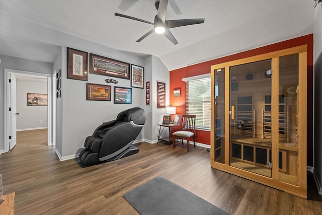 2006 Scarlet Trail Ct, Katy, TX 77494 - sitting room featuring a ceiling fan, vaulted ceiling, wood finished floors, and a relaxing sauna