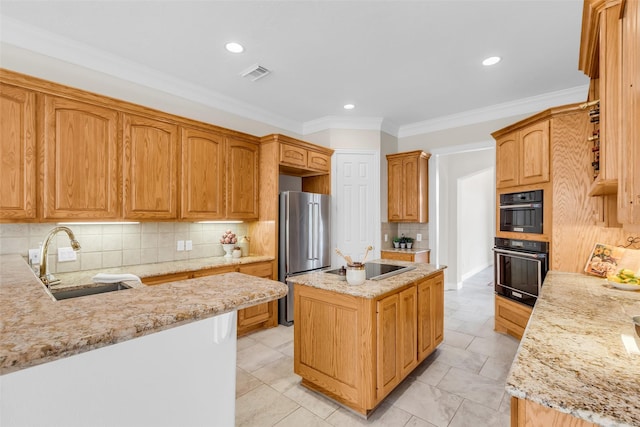 12715 Havant Cir, Houston, TX 77077 - kitchen with freestanding refrigerator, backsplash, light stone counters, ornamental molding, and recessed lighting