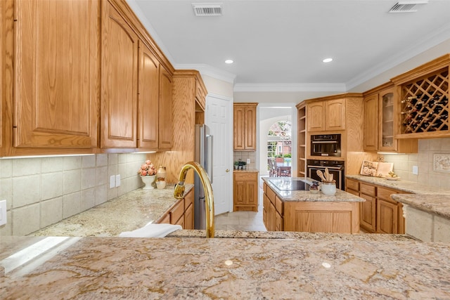 12715 Havant Cir, Houston, TX 77077 - kitchen featuring open shelves, light stone counters, decorative backsplash, crown molding, and black electric cooktop