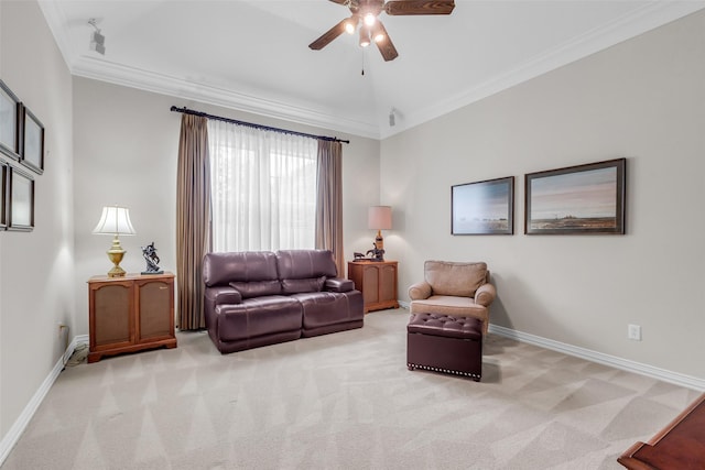 12715 Havant Cir, Houston, TX 77077 - living area featuring a ceiling fan, light colored carpet, and ornamental molding