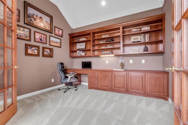 12715 Havant Cir, Houston, TX 77077 - office space with built in desk, light colored carpet, vaulted ceiling, and crown molding