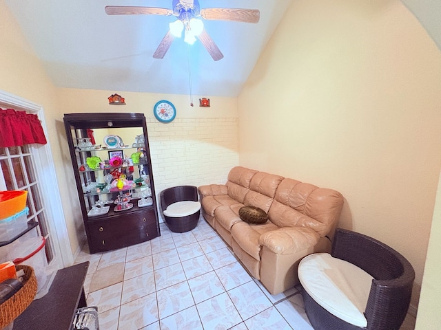 12943 Bamboo Forest Trl, Houston, TX 77044 - living area with lofted ceiling, ceiling fan, and light tile patterned floors