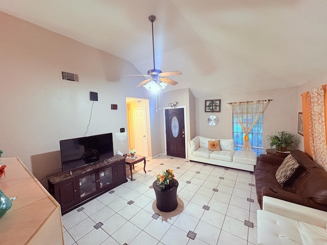 12943 Bamboo Forest Trl, Houston, TX 77044 - living area with lofted ceiling, a ceiling fan, and light tile patterned floors