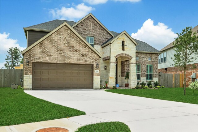 3140 Red Buckeye Ln, Conroe, TX 77301 - french provincial home featuring a garage, stone siding, brick siding, and concrete driveway