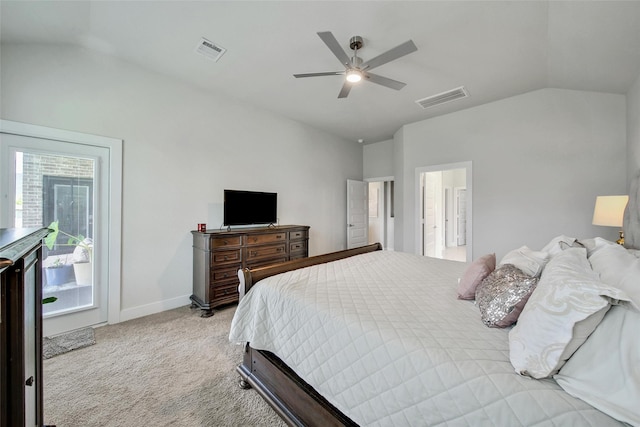 3140 Red Buckeye Ln, Conroe, TX 77301 - bedroom featuring vaulted ceiling, carpet floors, access to outside, and a ceiling fan