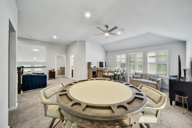 3140 Red Buckeye Ln, Conroe, TX 77301 - dining room featuring carpet flooring, ceiling fan, recessed lighting, lofted ceiling, and a desk