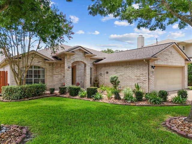 10002 Dawn Brook Dr, Pearland, TX 77584 - view of front of property with brick siding, roof with shingles, a front yard, an attached garage, and a chimney