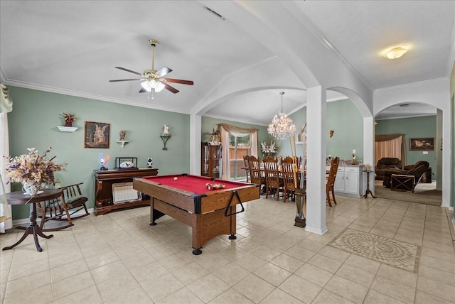 10002 Dawn Brook Dr, Pearland, TX 77584 - recreation room featuring arched walkways, a ceiling fan, light tile patterned floors, billiards, and ornamental molding
