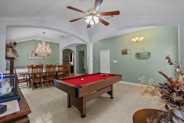 10002 Dawn Brook Dr, Pearland, TX 77584 - game room featuring vaulted ceiling, arched walkways, a chandelier, a ceiling fan, and light tile patterned floors