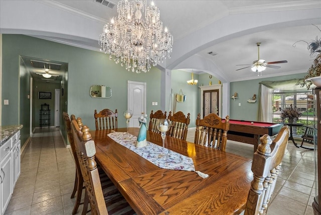 10002 Dawn Brook Dr, Pearland, TX 77584 - dining area featuring arched walkways, lofted ceiling, ceiling fan, ornamental molding, and billiards
