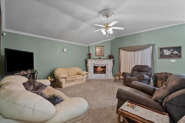10002 Dawn Brook Dr, Pearland, TX 77584 - carpeted living room with ornamental molding, ceiling fan, vaulted ceiling, and a fireplace with flush hearth