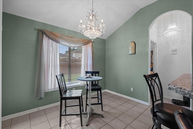 10002 Dawn Brook Dr, Pearland, TX 77584 - dining area featuring a chandelier, lofted ceiling, light tile patterned floors, and arched walkways