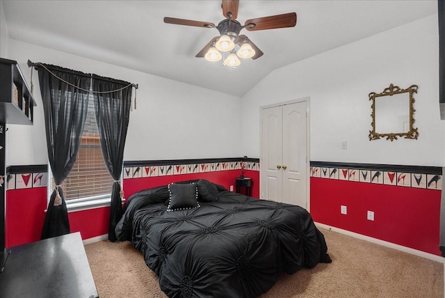 10002 Dawn Brook Dr, Pearland, TX 77584 - carpeted bedroom with lofted ceiling, a ceiling fan, and a closet