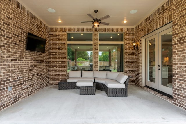 4038 Sabine Valley Trl, Spring, TX 77386 - view of patio / terrace featuring french doors, an outdoor living space, and a ceiling fan