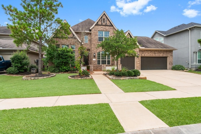 4038 Sabine Valley Trl, Spring, TX 77386 - view of front of home featuring brick siding, an attached garage, driveway, a front yard, and a shingled roof