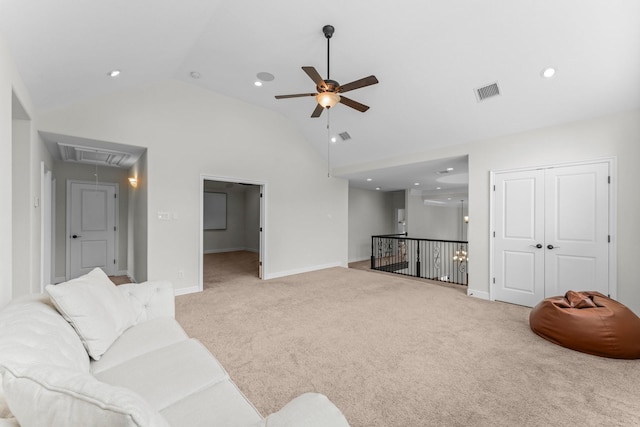 4038 Sabine Valley Trl, Spring, TX 77386 - carpeted living room with attic access, a ceiling fan, high vaulted ceiling, and recessed lighting
