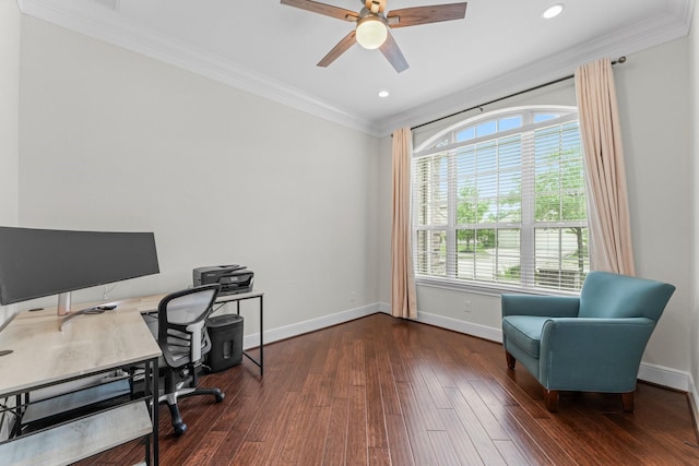 4038 Sabine Valley Trl, Spring, TX 77386 - office area with ornamental molding, ceiling fan, dark wood-type flooring, and recessed lighting