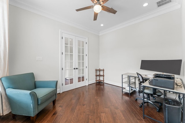 4038 Sabine Valley Trl, Spring, TX 77386 - office space featuring french doors, a ceiling fan, wood finished floors, recessed lighting, and ornamental molding