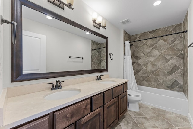 4038 Sabine Valley Trl, Spring, TX 77386 - bathroom with double vanity, shower / tub combo with curtain, and recessed lighting