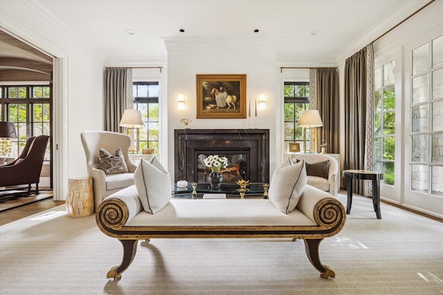 10825 Smithdale Rd, Houston, TX 77024 - living area with a glass covered fireplace, ornamental molding, and carpet flooring
