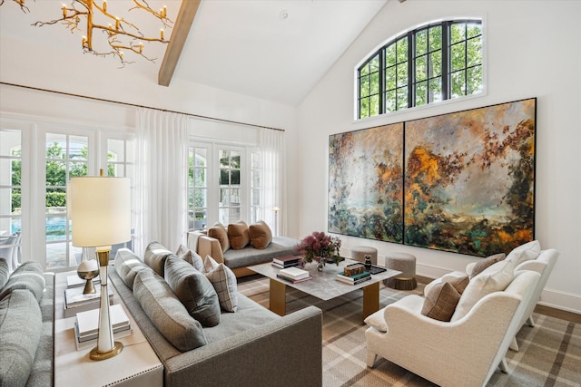 10825 Smithdale Rd, Houston, TX 77024 - living area featuring high vaulted ceiling, a chandelier, and wood finished floors