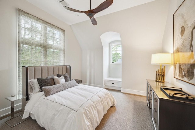 10825 Smithdale Rd, Houston, TX 77024 - bedroom with vaulted ceiling, arched walkways, and ceiling fan