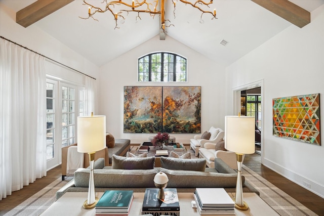 10825 Smithdale Rd, Houston, TX 77024 - living room featuring beamed ceiling, wood finished floors, high vaulted ceiling, and a chandelier