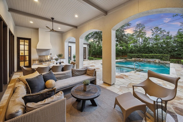 10825 Smithdale Rd, Houston, TX 77024 - view of patio / terrace featuring an outdoor kitchen, outdoor lounge area, an outdoor pool, and ceiling fan