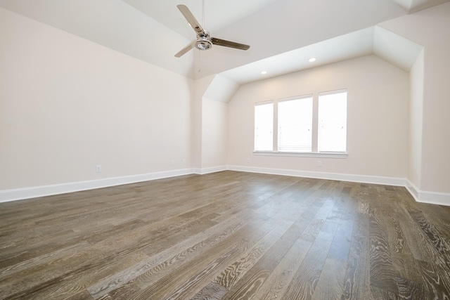 8682 Green Kolbe Ln, Houston, TX 77080 - unfurnished room with dark wood finished floors, ceiling fan, vaulted ceiling, and recessed lighting