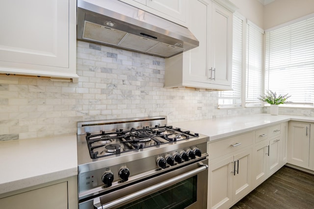 8682 Green Kolbe Ln, Houston, TX 77080 - kitchen with high end stainless steel range oven, under cabinet range hood, light countertops, and decorative backsplash