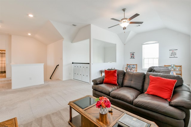 4437 Jessamine Creek Trl, Rosharon, TX 77583 - living area featuring vaulted ceiling, ceiling fan, light carpet, and recessed lighting