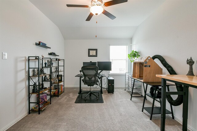 4437 Jessamine Creek Trl, Rosharon, TX 77583 - home office featuring vaulted ceiling, carpet, and ceiling fan