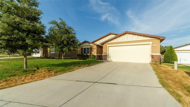 10126 Relic Oaks, San Antonio, TX 78240 - view of front of property featuring a garage, brick siding, concrete driveway, board and batten siding, and a front yard
