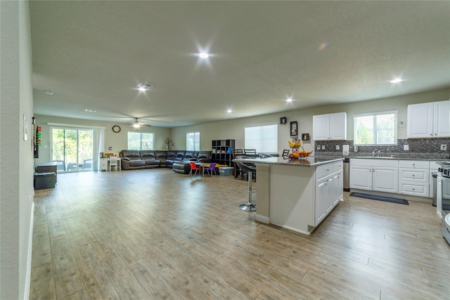 10126 Relic Oaks, San Antonio, TX 78240 - kitchen featuring white cabinets, a center island, open floor plan, decorative backsplash, and light wood-style flooring