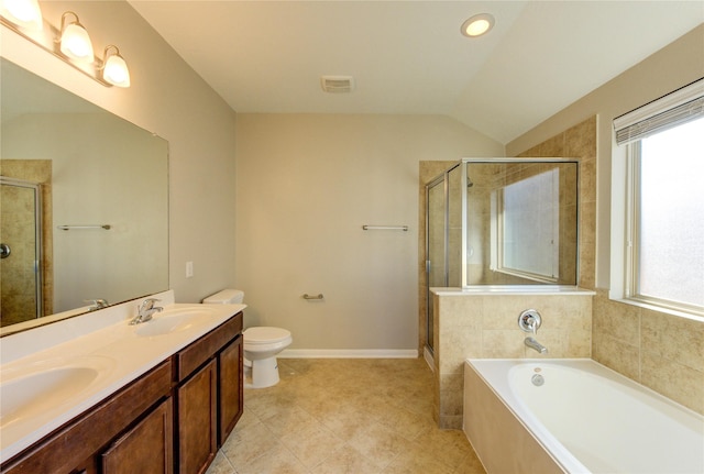 8115 Heartbrook Field Ln, Cypress, TX 77433 - full bathroom with double vanity, a shower stall, a garden tub, lofted ceiling, and tile patterned flooring