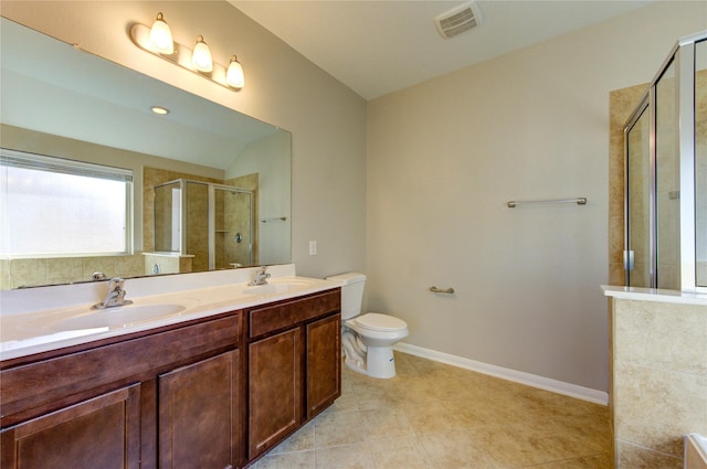 8115 Heartbrook Field Ln, Cypress, TX 77433 - bathroom with a tile shower, double vanity, and tile patterned flooring