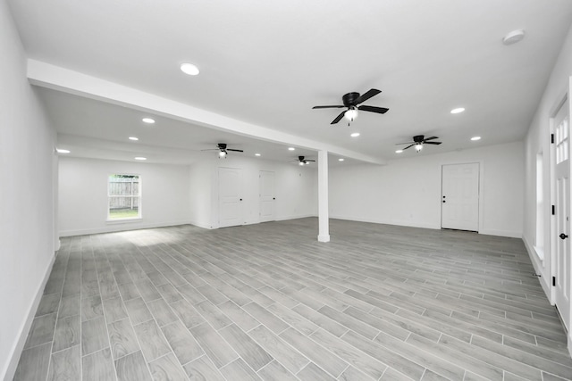 7208 Helmers St, Houston, TX 77022 - unfurnished living room featuring recessed lighting, light wood finished floors, and a ceiling fan