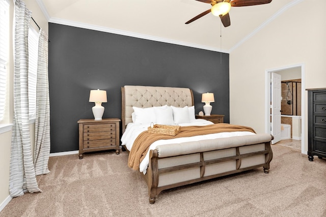 26642 Becker Pines Ln, Katy, TX 77494 - bedroom featuring carpet floors, ornamental molding, vaulted ceiling, and a ceiling fan