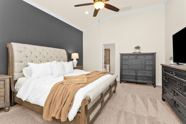 26642 Becker Pines Ln, Katy, TX 77494 - bedroom featuring ornamental molding, vaulted ceiling, light carpet, and ceiling fan